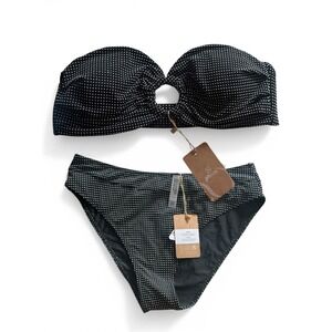 Berlook Black Polka Dot Bandeau Bikini Set Ring Cutout (XL Top) (L Bottom) NEW